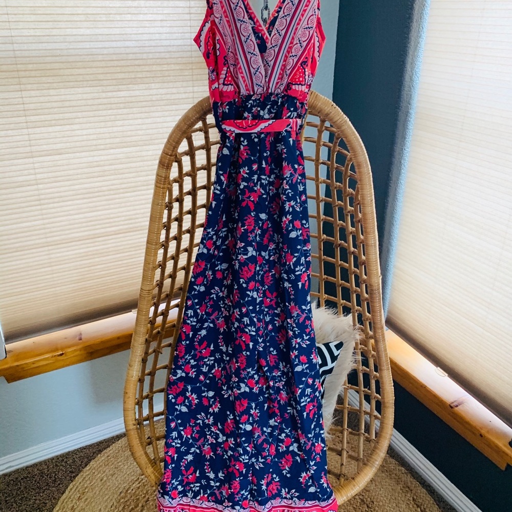 Small Navy and pink jumpsuit romper with belt NWOT